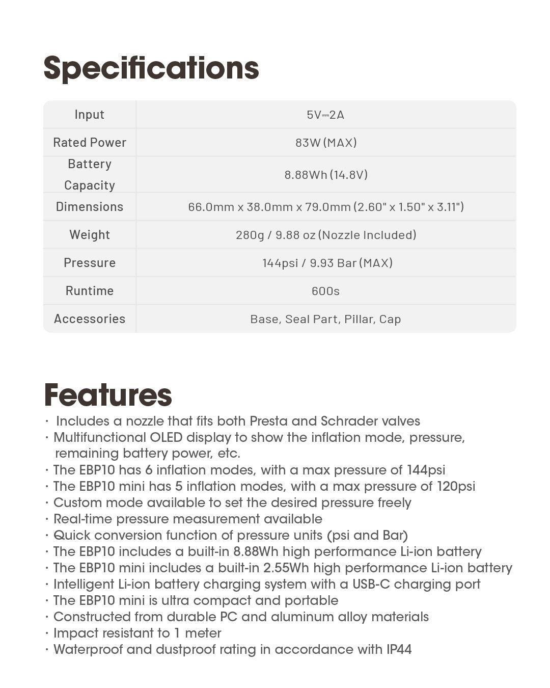 EBP10 - Electric Pump (144psi / 9.93 Bar) - Nitecore Singapore