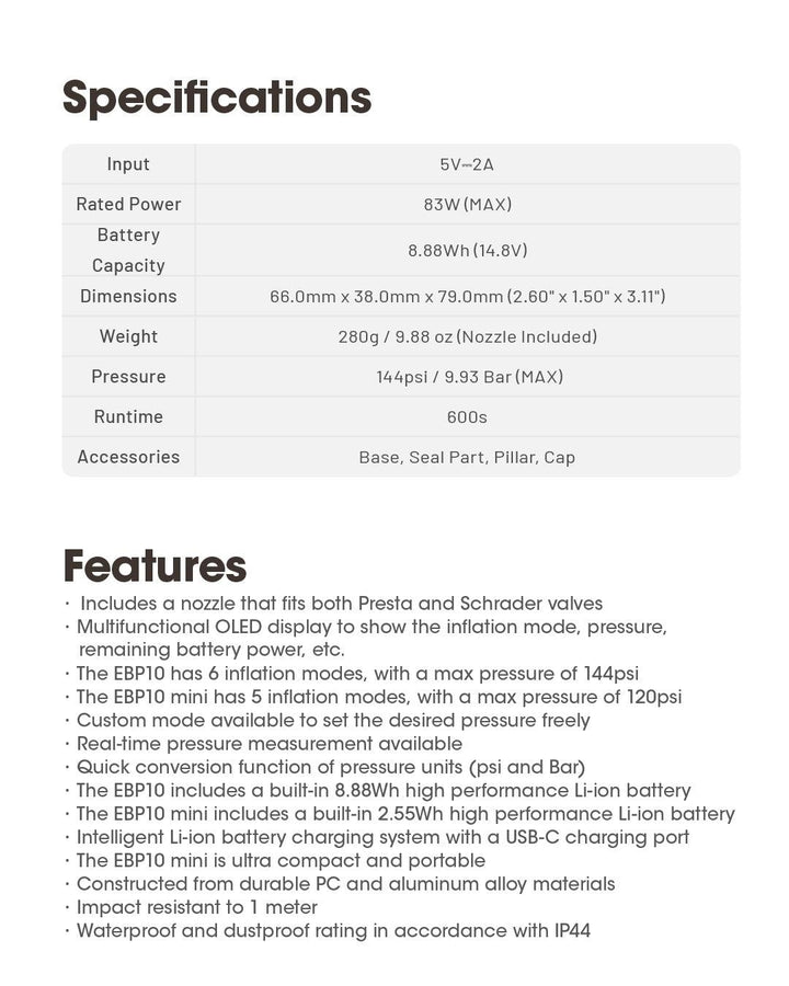 EBP10 - Electric Pump (144psi / 9.93 Bar) - Nitecore Singapore