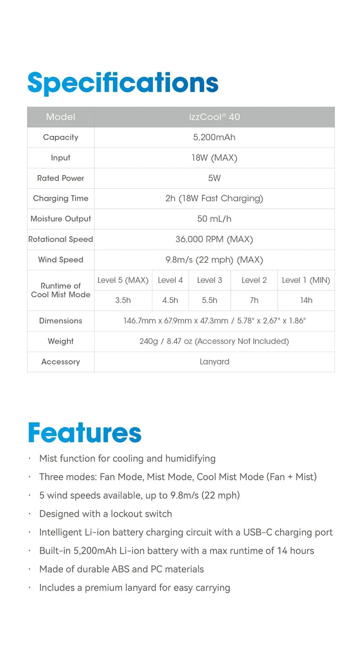 izzCool 40 - High Speed Handheld Air Conditioner Fan (5,200mAh)