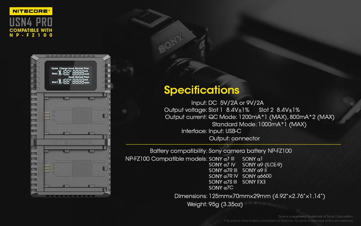 USN4 PRO (Sony NP-FZ100) Dual-Slot Battery Charger