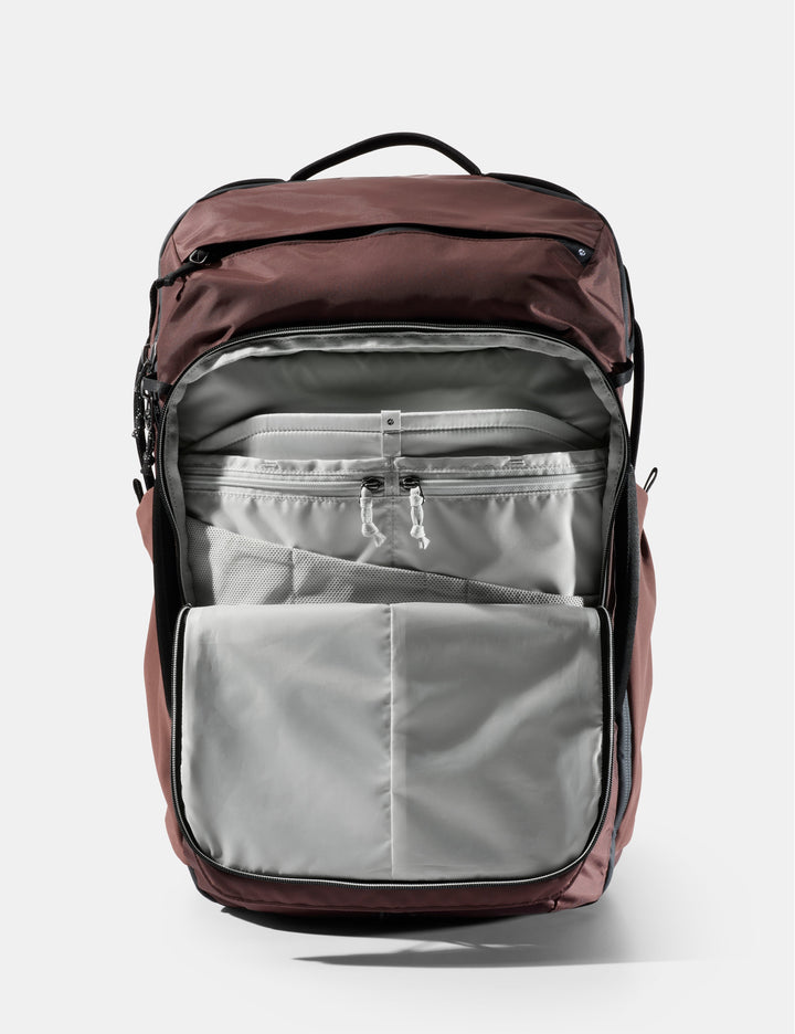 Matador 45L Global Travel Pack in Garnet - garnet and gray backpack with open front compartment on a white background