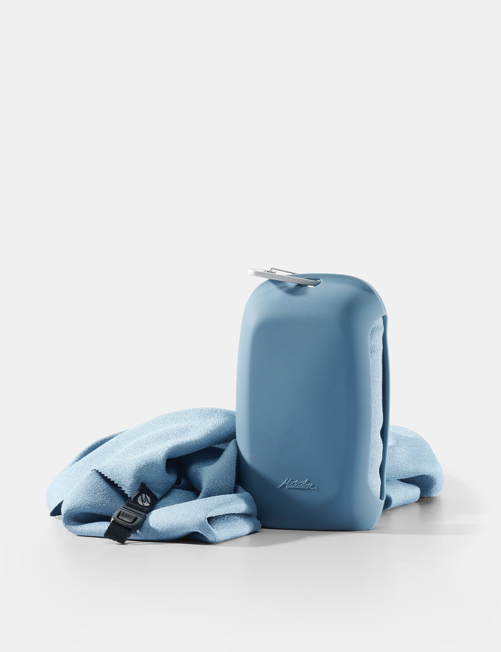 Matador NanoDry Towel - Large 132 x 60cm in Blue - slate nanodry towel with silicone case on white background