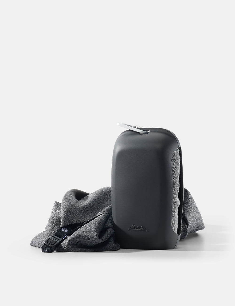 Matador NanoDry Towel - Large 132 x 60cm in Charcoal - gray towel and case on a white background