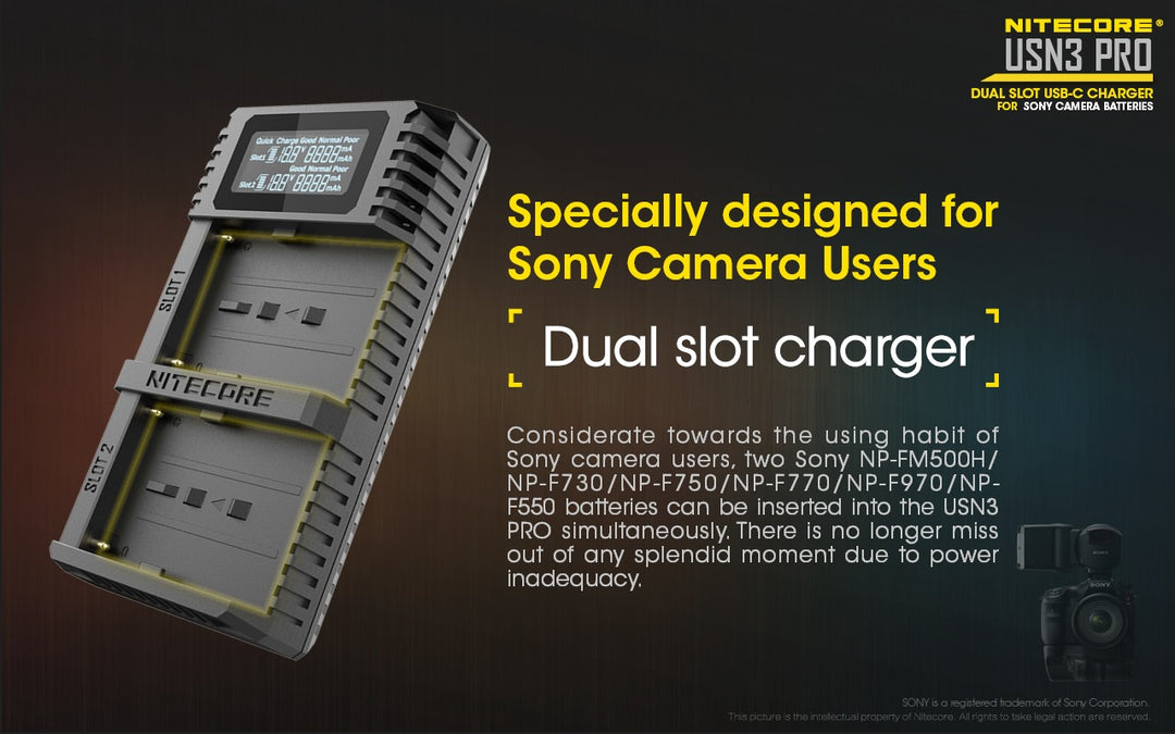 USN3 PRO (Sony NP-FM500H, NP-F730, NP-F750, NP-F770, NP-F970, NP-F550) Dual-Slot Battery Charger
