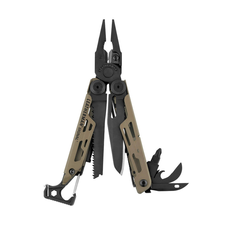 Leatherman Signal - tools fanned open, Coyote - Nitecore Singapore